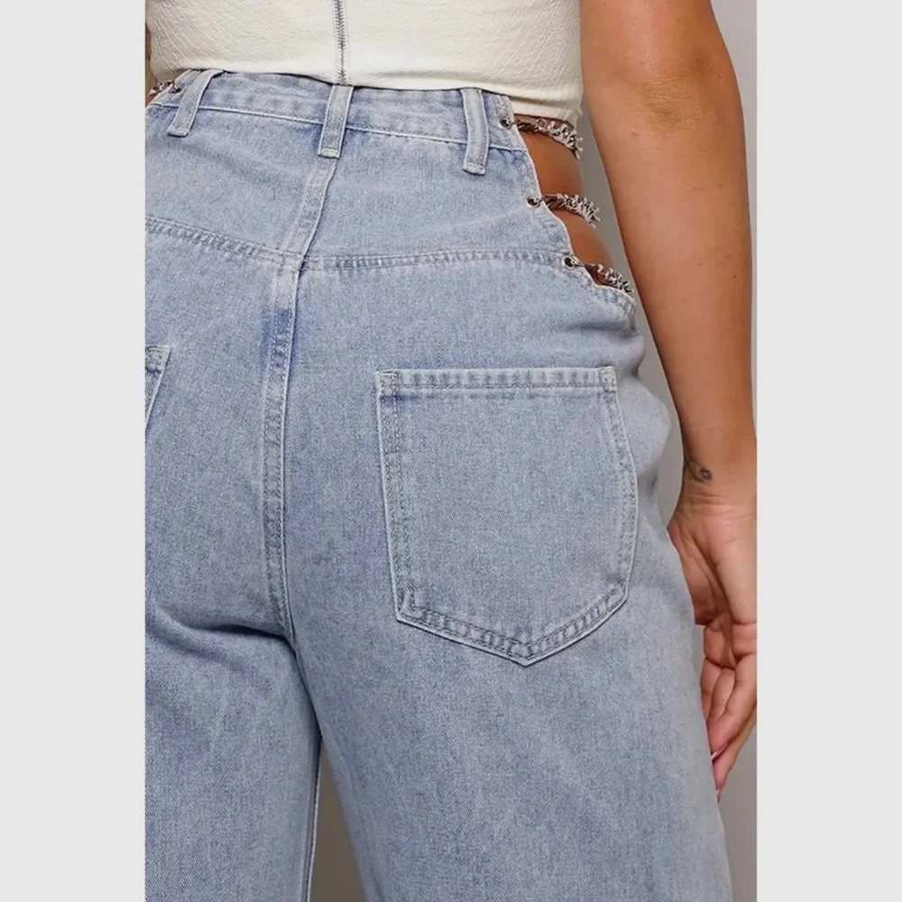 88-Y2K 90s Chic Chain Side Wide Leg Jeans - Picture 6 of 7